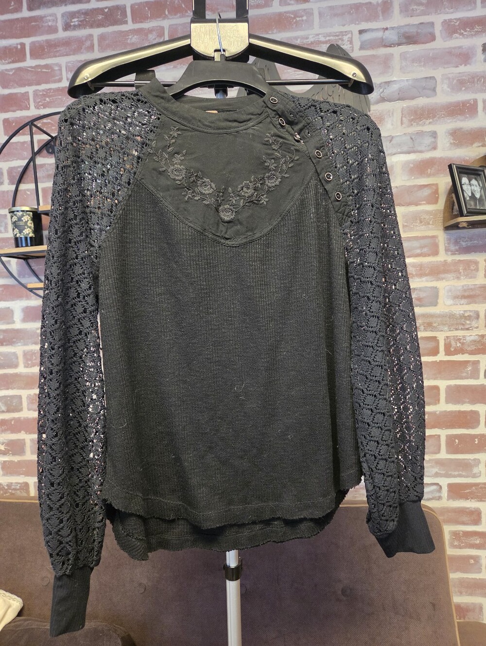 Free People Black Lace Sleeve Women's Top